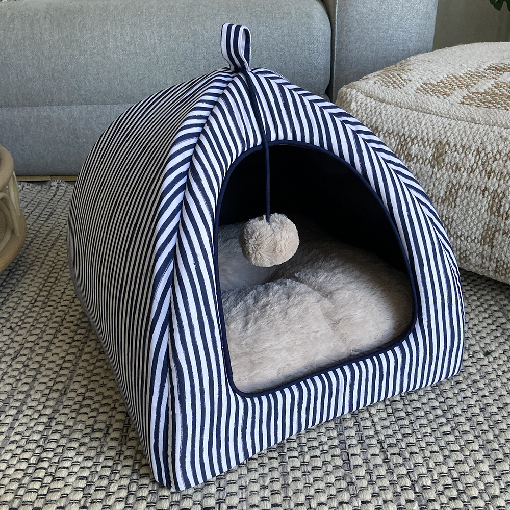 SAMPLE SALE: Printed Painterly Navy/White Stripe Pet Igloo